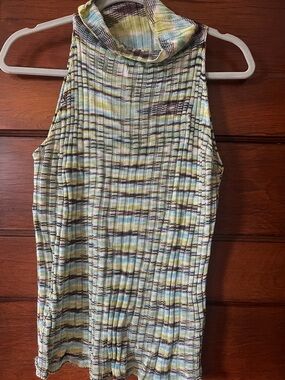 Missoni Sleeveless Ribbed Mock Neck Tank in , Blue, Green, White, Brown